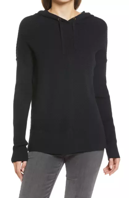 Caslon Womens Size Medium Ribbed Hoodie Pullover Sweater in Black $79