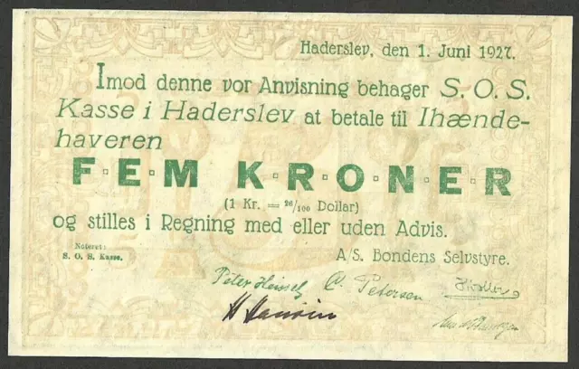 Denmark Haderslev 5 Kroner 1927 Without Serial Unc With Wmk Rare Note!!