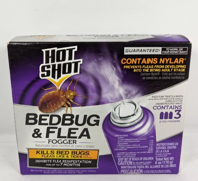 Hot Shot Bedbug, Flea, Lice & Tick Fogger w/ Nylar 3 Can Pack 2 oz Ea Sealed Box