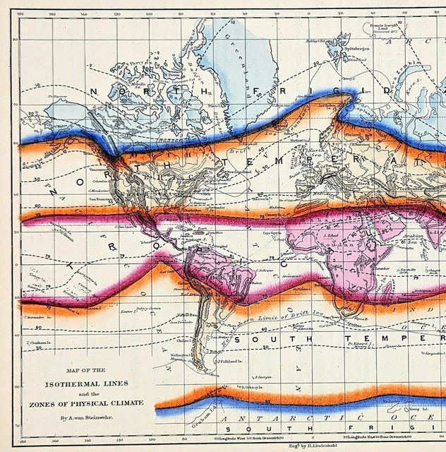 WORLD MAP 1873 Original Isothermal Lines Physical Climates Drift Ice ...
