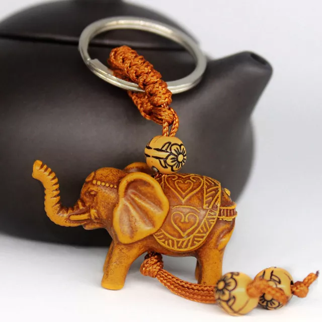 1x Lucky Elephant Carving Wooden Pendant Keychain Key Ring Chain Car Accessories