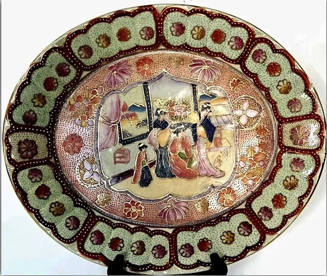 JAPANESE SATSUMA INTERIOR Scene Pottery Display Plate Moriage Decorated