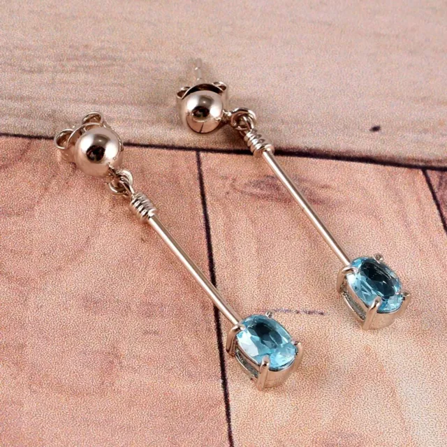 2ct Simulated Oval Blue Aquamarine Hanging Rod Dangle Earrings White Gold Plated