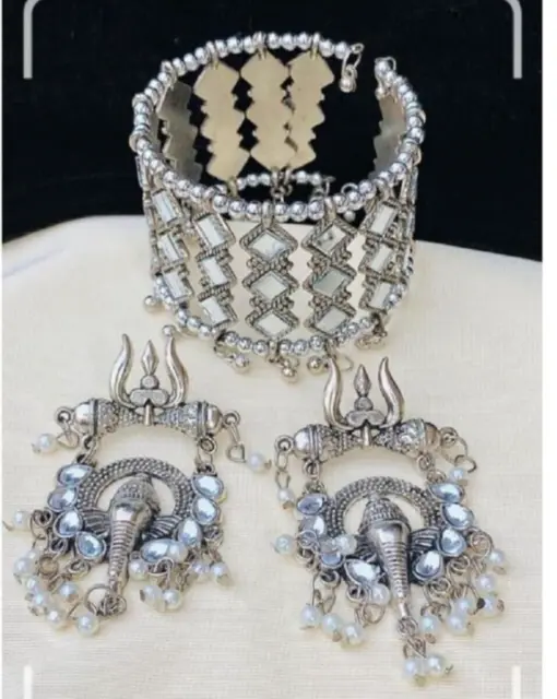 Set di orecchini con bracciale indiano a specchio ossidato argento...