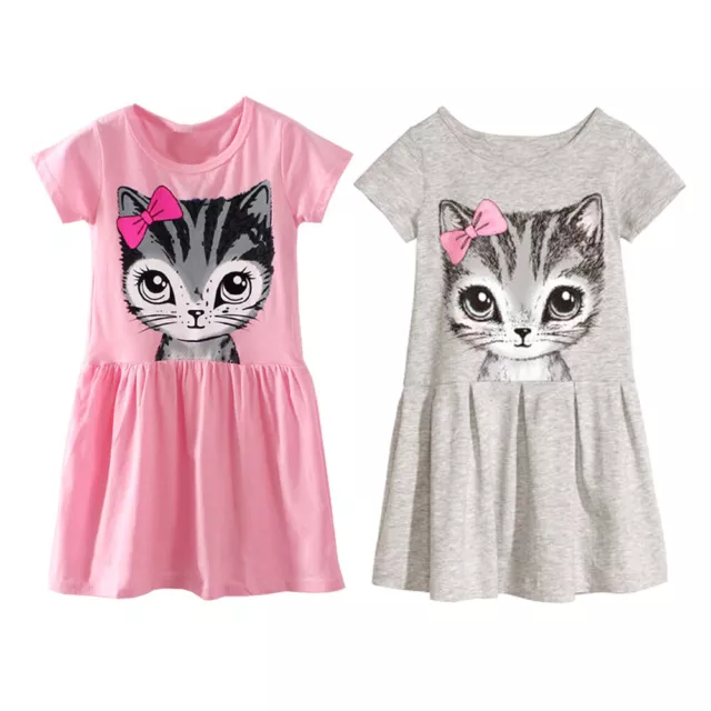 Pretty Girls Kids Cute Summer Dress Cotton Short Sleeve Cat Print Party KleiJY 3