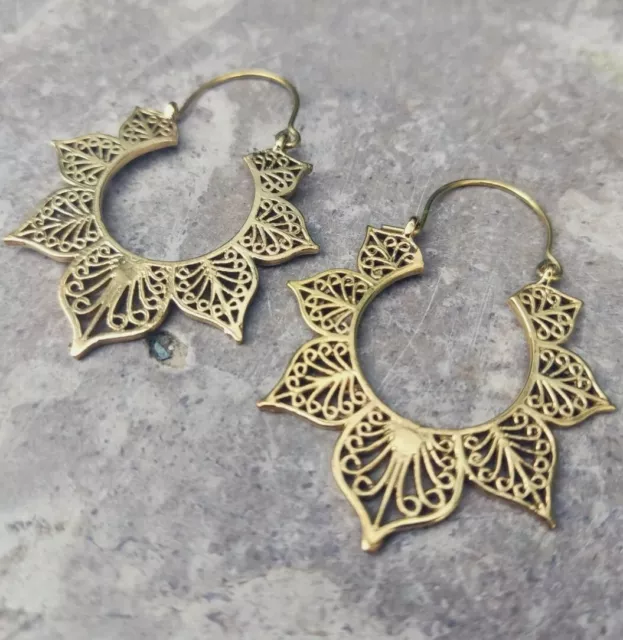 Gold Plated Vintage Afghani Brass Hoops Boho Tribal Mandala Lotus Earrings Pl1