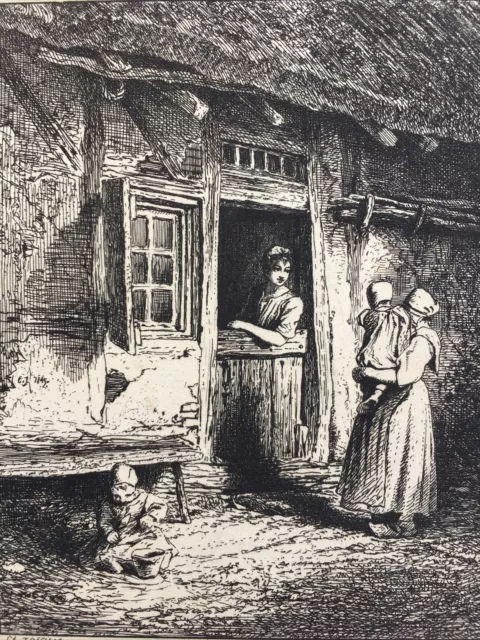 Charles Emile JACQUE EAU FORTE ORIGINALE Paysannes Chaumières Enfants Barbizon