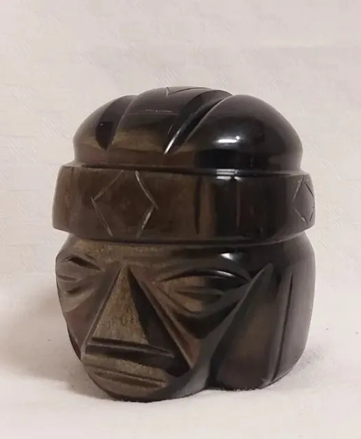 Antiker-Krieger-Kopf Onyx- Obsidienne Handmade Maya Azteken m.goldenen Reflexe