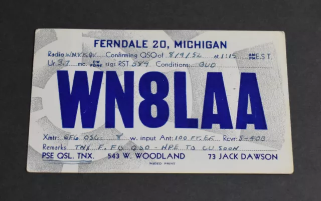 WN8LAA 1952 CB Ham Radio Short Wave QSL Card Ferndale Michigan Art 543 Woodland