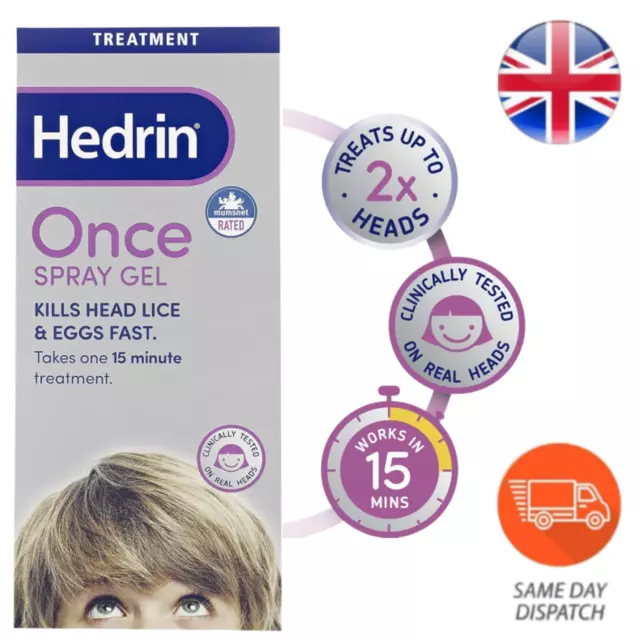 Hedrin Once Spray Gel Kills Lice Eggs Treatment Suitable for Adults & Children