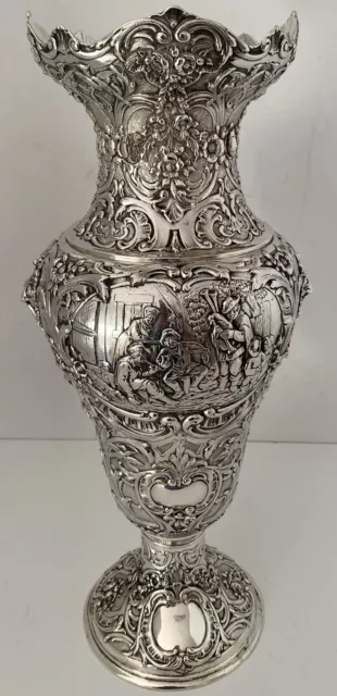 Huge Ornate German 800 Fine Silver Vase Flowers, Birds, Masks, People Scenes
