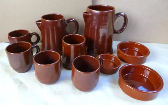 Large Studio Pottery Jug and 9 other pieces jug, pot, mugs and round snack bowls