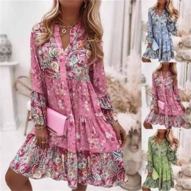 Ladies Holiday Casual Midi Dresses Womens V-Neck Long Sleeve Boho Floral Dress