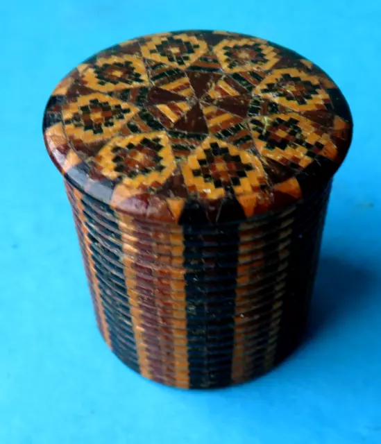 Antique  Sewing Fine Tunbridge Marquetry Thimble Box & Thimble.