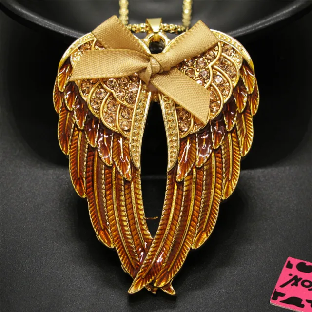 New Fashion Women Yellow Enamel Bow Angel Wings Crystal Pendant Chain Necklace
