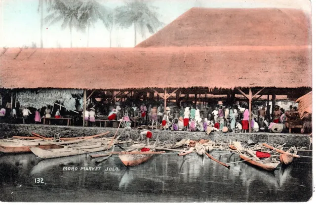 ~1910's JOLO PHILIPPINES - Moro Market + Boats in color