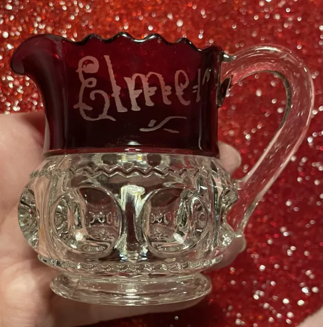 Hurricane Sale. Antique EAPG Ruby Glass Creamer With Name ELMER. Good Condition