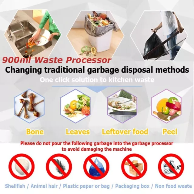 220V 900ml Kitchen Food Waste Disposer Sewer Garbage Disposal Crusher Machine 2