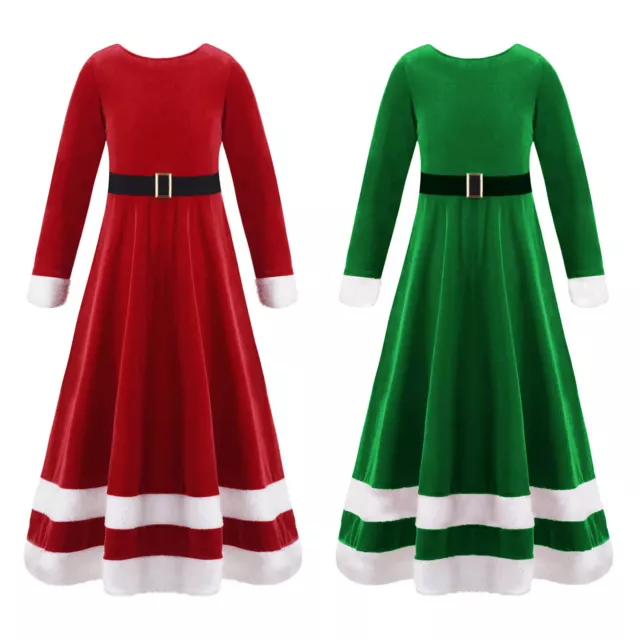 Déguisement Mère Noël Fille Robe en Velours avec Ceinture Costume de Noël Soirée