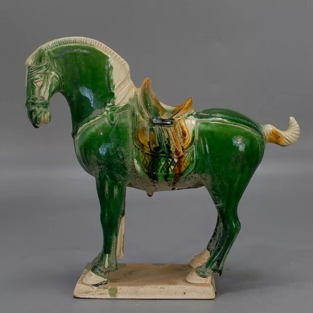Chinese Tang Tri-Color Glazed Ceramics Green War Horse Porcelain Statue 9.0 inch