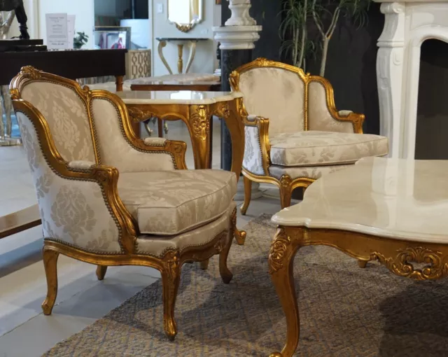 Stunning Pair of French Bergere Fauteuil Lounge Arm Chairs Mahogany Gold Leaf