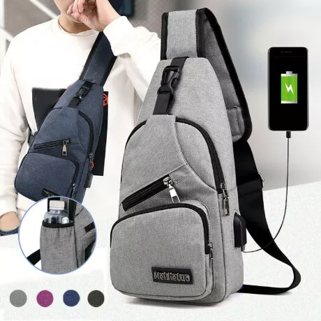 Men Women Shoulder Bag Sling Chest Pack USB Charging Sports Crossbody Handbag US