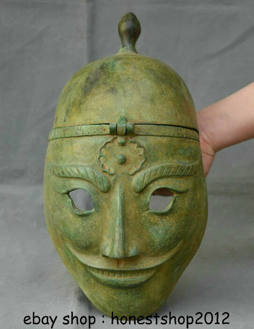 13.2" Chinese Dynasty Bronze Ware Palace People Mask Persona Helmet Casque