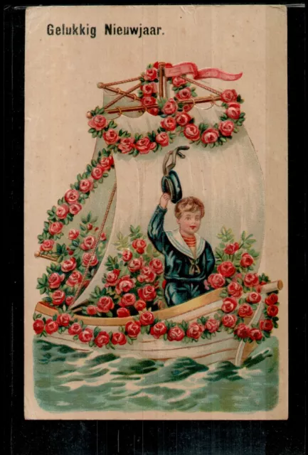 AK Neujahr Glückwunsch, Präge  Kind Boot Rosengirlande  Kleinformat