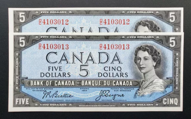 1954 Bank of Canada $5 Beattie-Coyne Consecutive Pair O/C4103012-13 UNC BC-39a