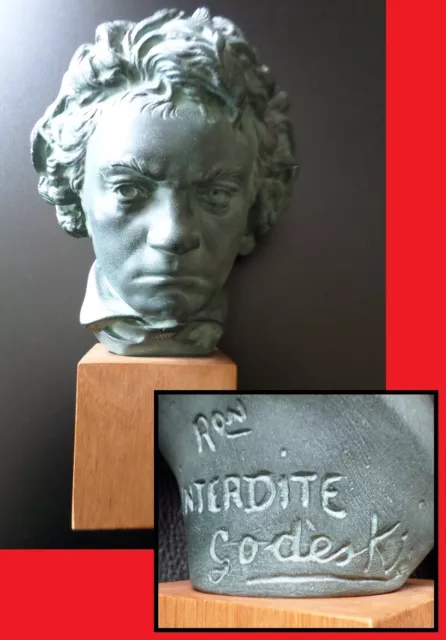 Buste Ludwig van Beethoven GODEBSKI Sculpture Plâtre patiné Socle chêne GODESKI