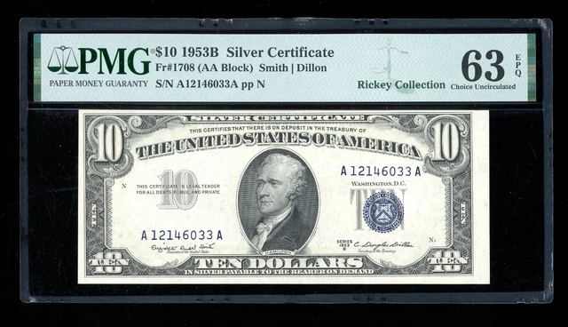 DBR 1953-B $10 Silver Fr. 1708 PMG 63 EPQ Serial A12146033A