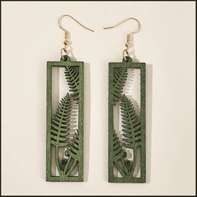 Handmade Wooden Green Earrings Rectangle Carved Plant Hollow Unique Design Retro