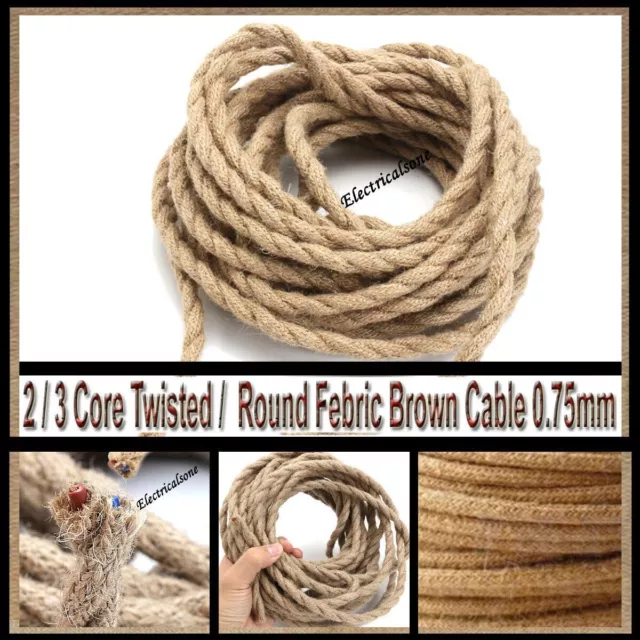 Vintage 5M / 10M Hemp Cable Lighting Braided Wire Flex Fabric 2/3 Core 0.75mm UK