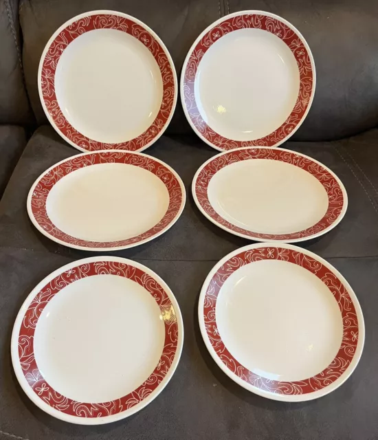 Vintage Corelle Bandhani Red On White 4 Dinner 10.25" AND 2 Luncheon 8.5" Plates