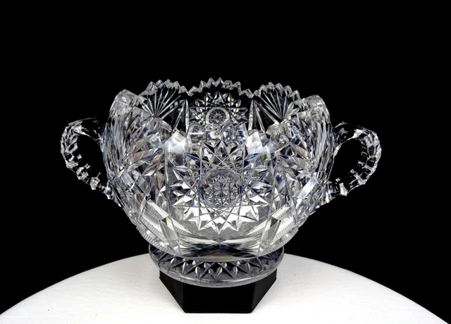 ABP Brilliant Period Cut Crystal Glass Hobstar & Fan 4.75" Handled Pedestal Bowl