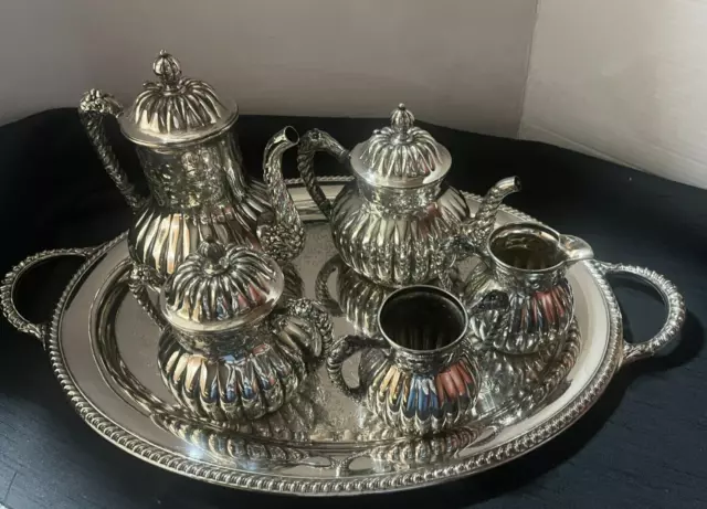 Antique Simpson Hall Miller Repousse Tea Set #3006 w/International Silver Tray