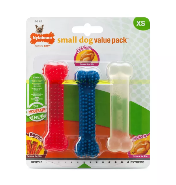 Nylabone Moderate Flexible Dental Dog Chew Toy Bones, 3 pack, Bacon, Chicken Fla 3