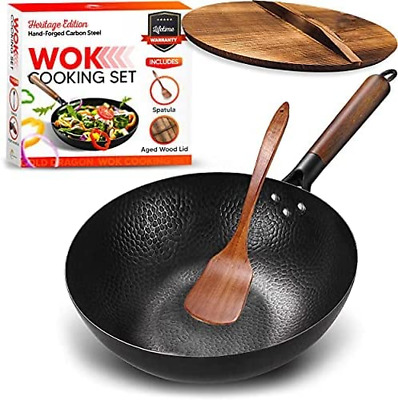 Sartén Wok de acero al carbono con tapa tradicional martillada a mano sartén para freír
