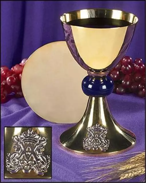 Catholic Ave Maria 24Kt Gold Plated Chalice Set 12 oz. 8"H x 4.5"D & Paten 5.5"D