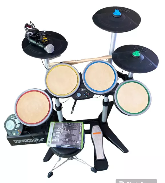 Xbox  360 Rock Band Bundle Drums Seat Guitar Stage Kit Lights fogger mic 3 Games