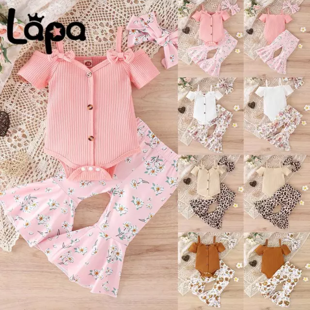 2PCS Toddler Baby Girls Ribbed Romper Tops Floral Flared Pants Outfits Clothes