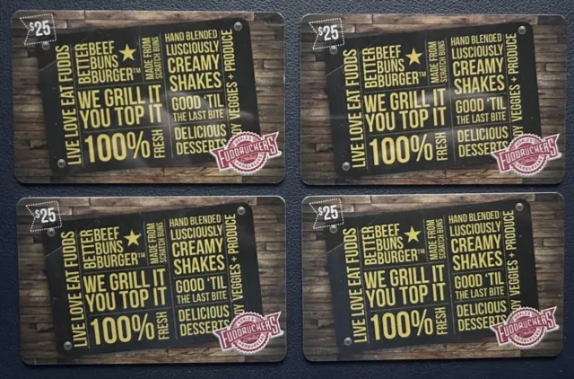 Lot Of 4 UNUSED Fuddruckers World's Greatest Hamburgers Gift Card $100 Value