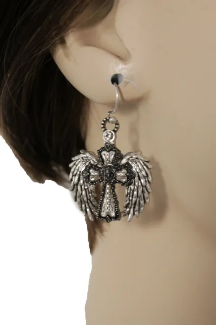 Women Silver Metal Western Jewelry Earrings Set Angel Eagle Wings Cross Texas 6