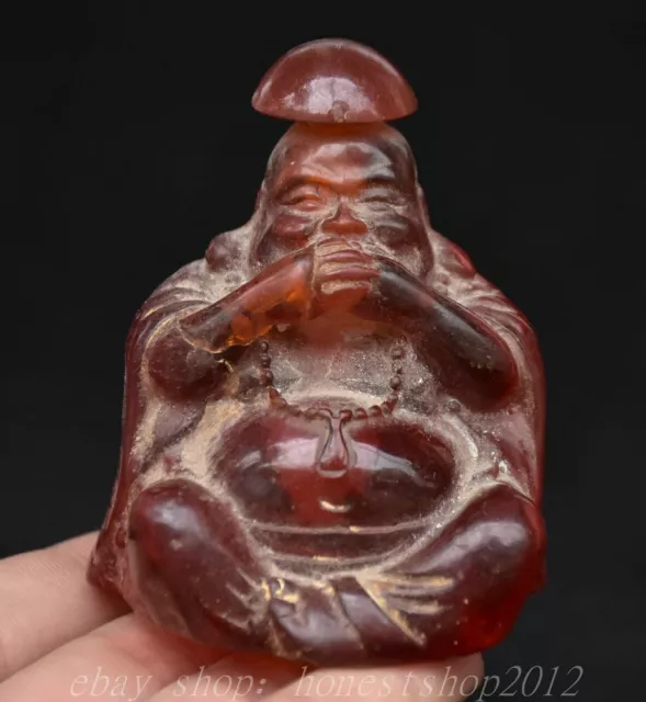 2.8" Alte chinesische Bernstein Lachen Maitreya Buddha Snuff Box Statue