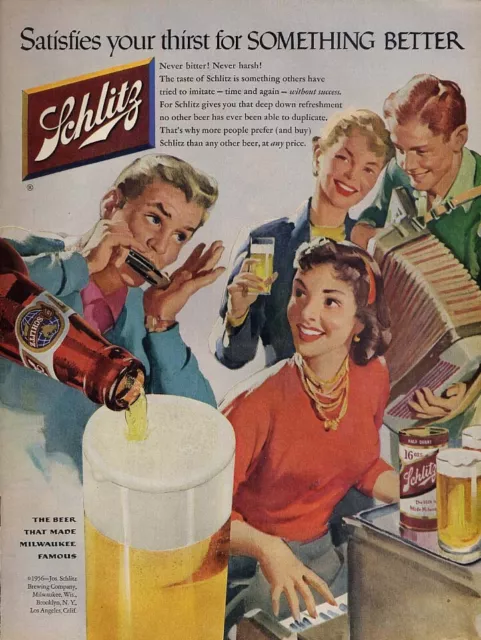 Satisfies your thirst Schlitz Beer ad 1956 accordion harmonica Sundblom illus L