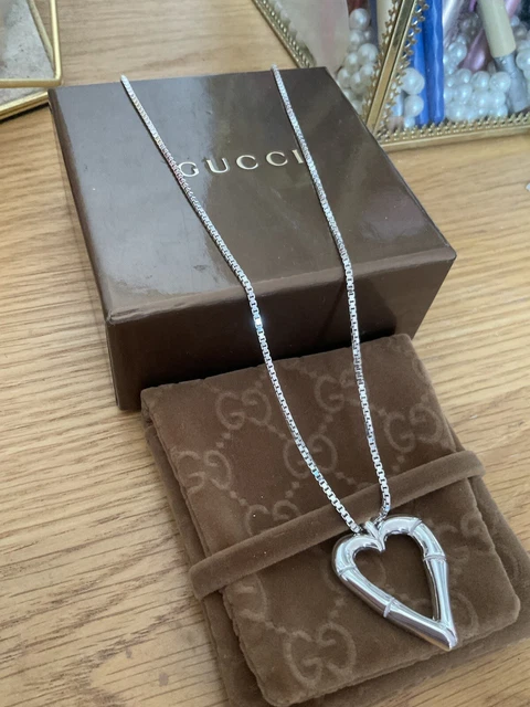 Genuine Gucci Sterling Silver Large Heart Bamboo Necklace With Box Pouch