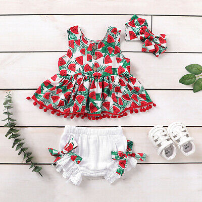 UK Toddler Kids Baby Girls Watermelon Tassel Tops+Bowknot Shorts TuTu Dress