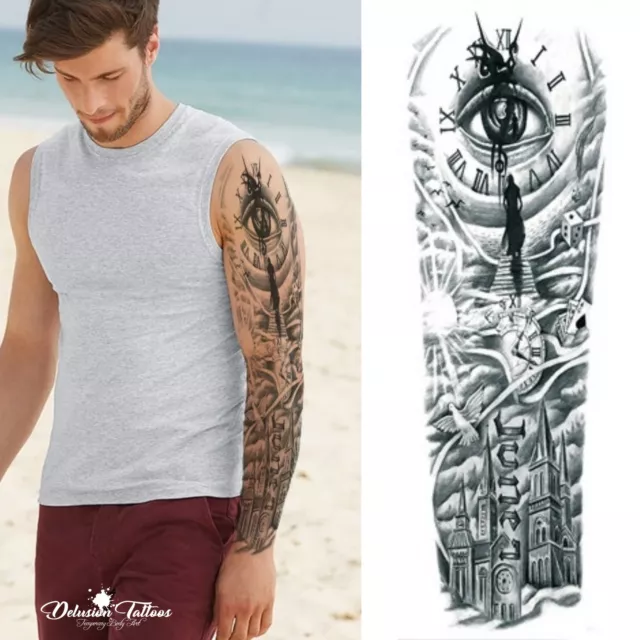 Temporary Tattoo Sleeve - Clock Eye Birds Angel Black Waterproof Mens Womens