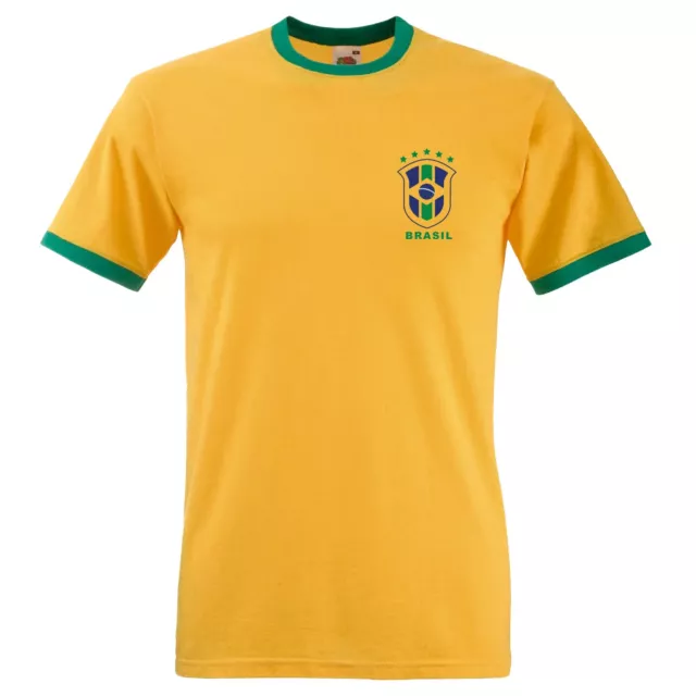 Mens Brazil Pocket Shield Badge Football Ringer T Shirt Soccer Footy