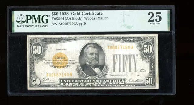 DBR 1928 $50 Gold Certificate Fr. 2404 PMG 25 Serial A00687190A